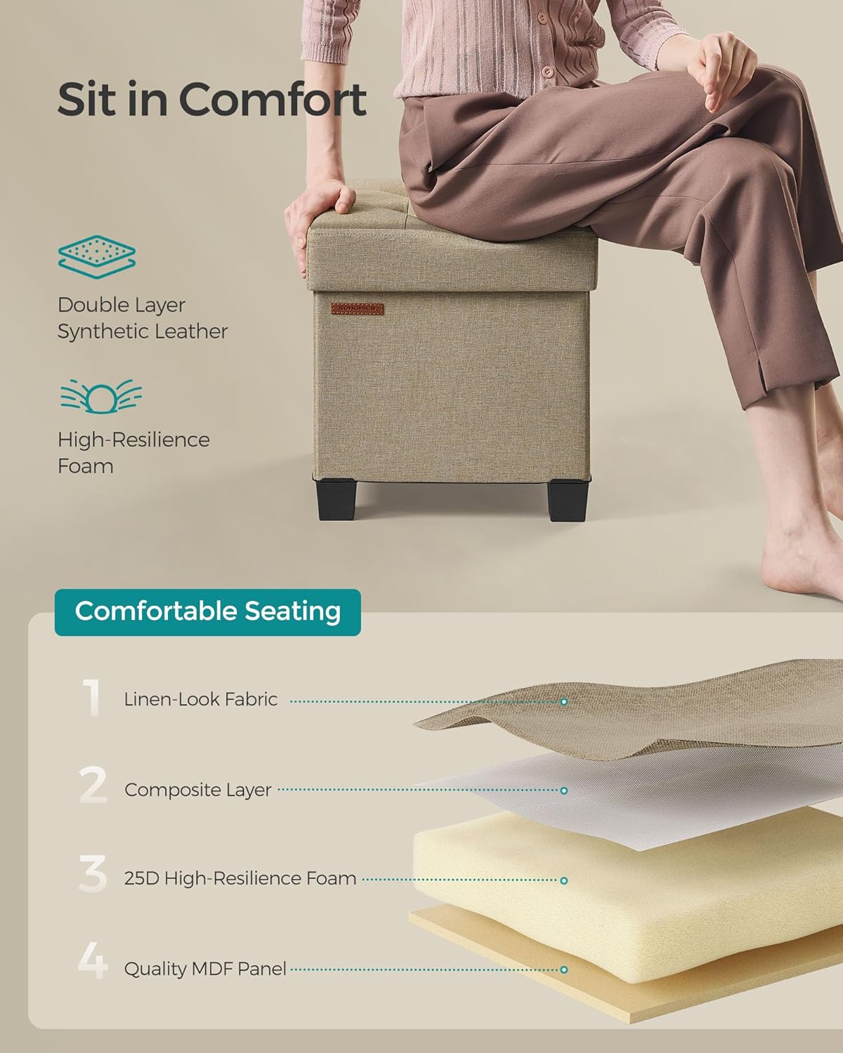 SONGMICS Storage Ottoman, Small Ottoman Foot Rest with Legs, 15 x 15 x 15.7 Inches Foot Stool, Load