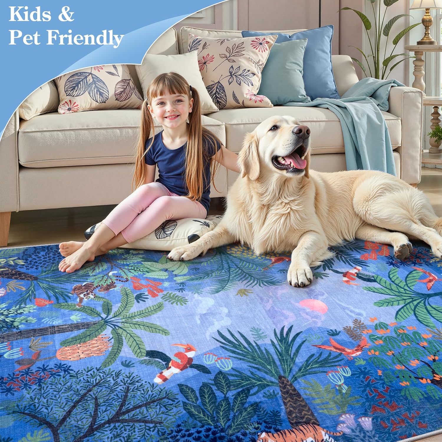 LIVEBOX Washable Bedroom Rug 8x10 Under Bed, Modern Stain Resistant Botanical Rug for Living Room