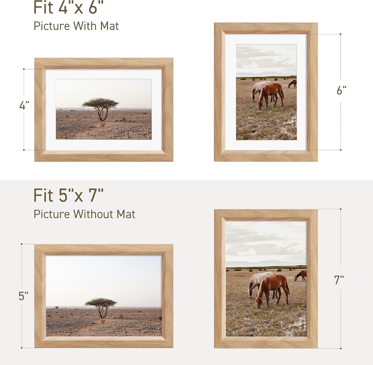 5x7 Picture Frame Set of 4 Natural Solid Oak Photo Frames with 4x6 Removable Mat Wall Hanging Large