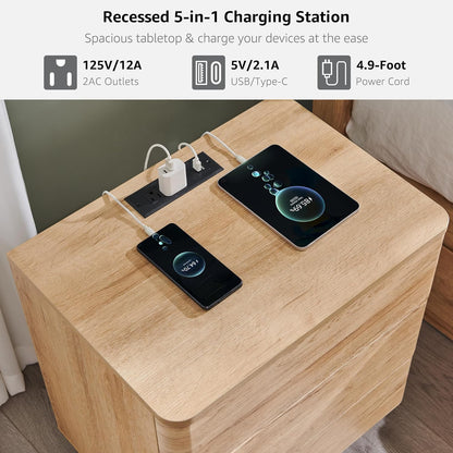 JXQTLINGMU 22" Modern Nightstand with Charging Station, Large Push-to-Open End Table, Wood Bedside
