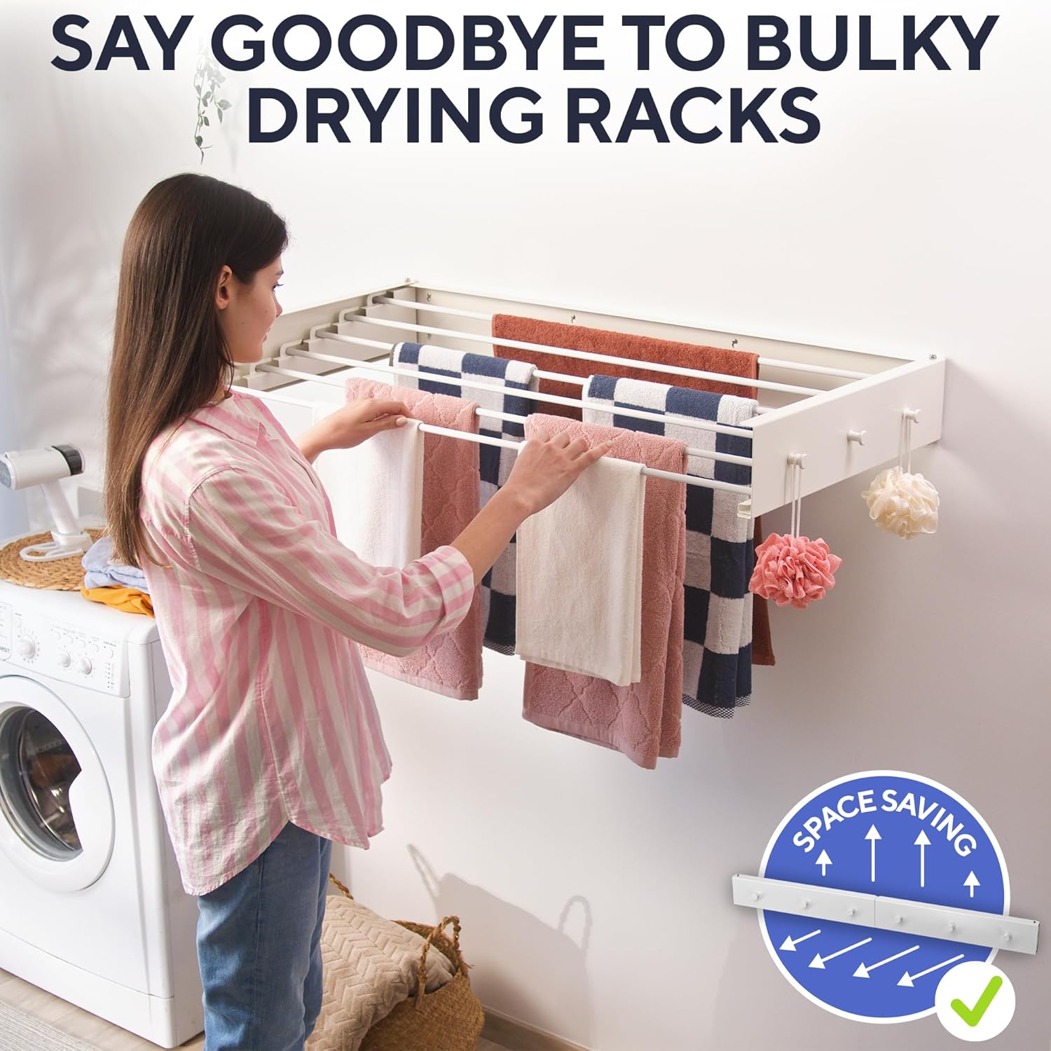 Foldable Wall Mounted Drying Rack 40 inch - Easy to Install Hanging Rack for Laundry Room - Space