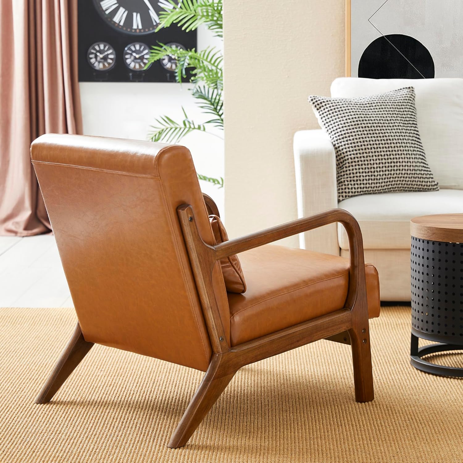 Glitzhome 2 Set Mid Century Yellowish Brown Accent Armchair, Single Reading Armchair PU Leather
