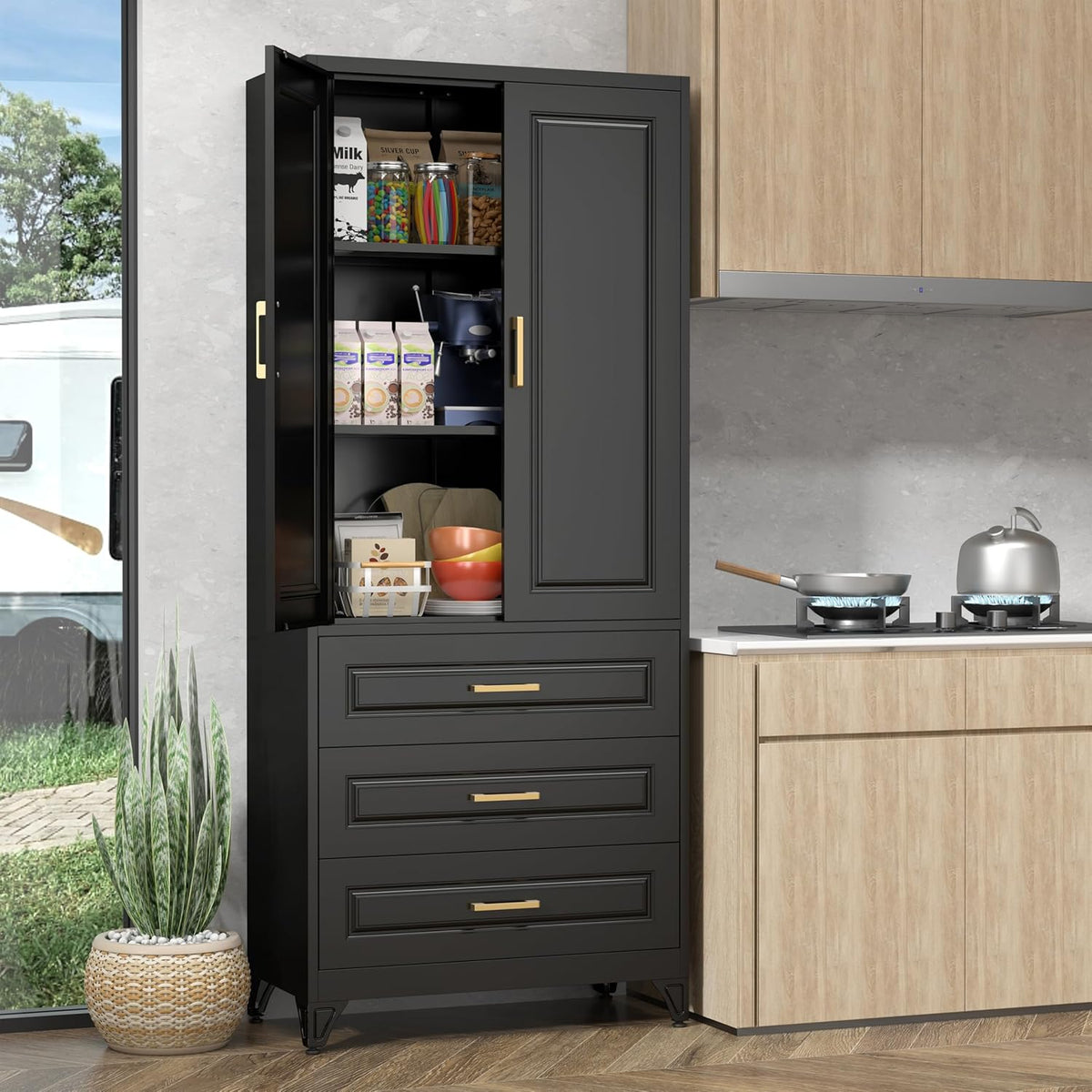 Pantry Kitchen Cabinet with Drawer, 75" Tall Pantry Storage Cabinet, Metal Storage Cabinets with