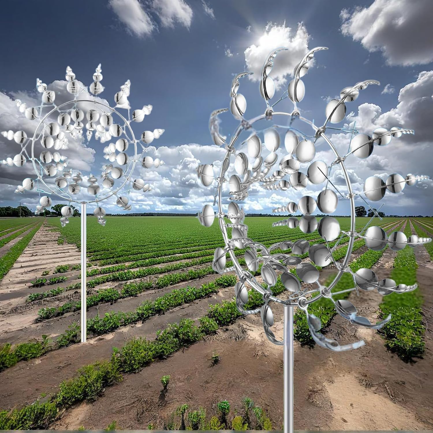 Unique and Magical Metal Windmill, 2Pcs Wind Spinners, 3D Wind Powered Kinetic Sculpture, Stainless