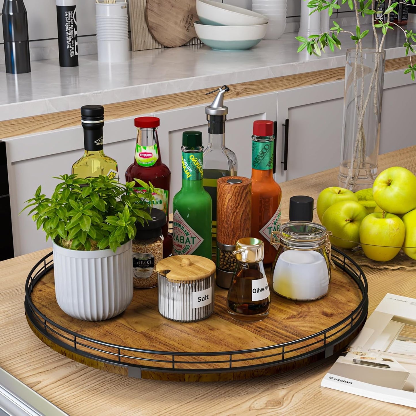 Farmhouse Oak 18" Lazy Susan Turntable Organizer for Cabinet, Round Wooden Lazy Susan Organization