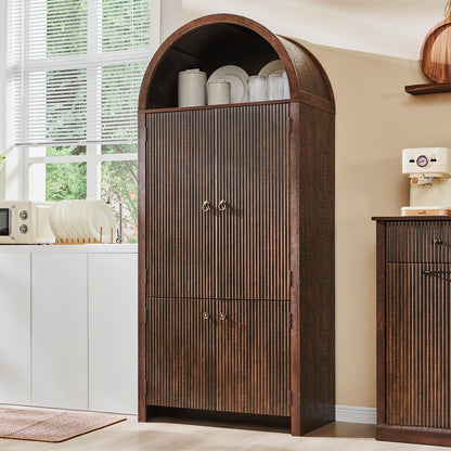 71" Tall Arched Bathroom Storage Cabinet, Modern Fluted Storage Cabinet w/Doors, 3 Adjustable