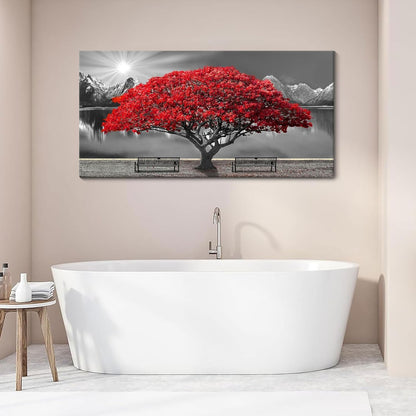 Black and White Red Tree Wall Art Canvas Print Picture Large Red Tree Landscape Modern Artwork for