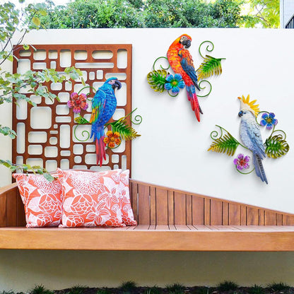 J-Fly Metal Parrots Wall Decor Outdoor Decorations for Yard Garden Decor, Metal Wall Art Decor