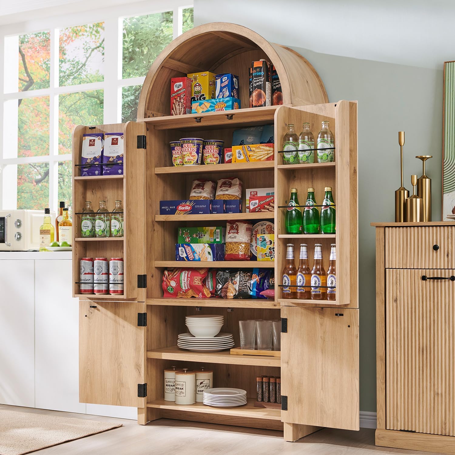 71" Tall Arched Bathroom Storage Cabinet, Modern Fluted Storage Cabinet w/Doors, 3 Adjustable