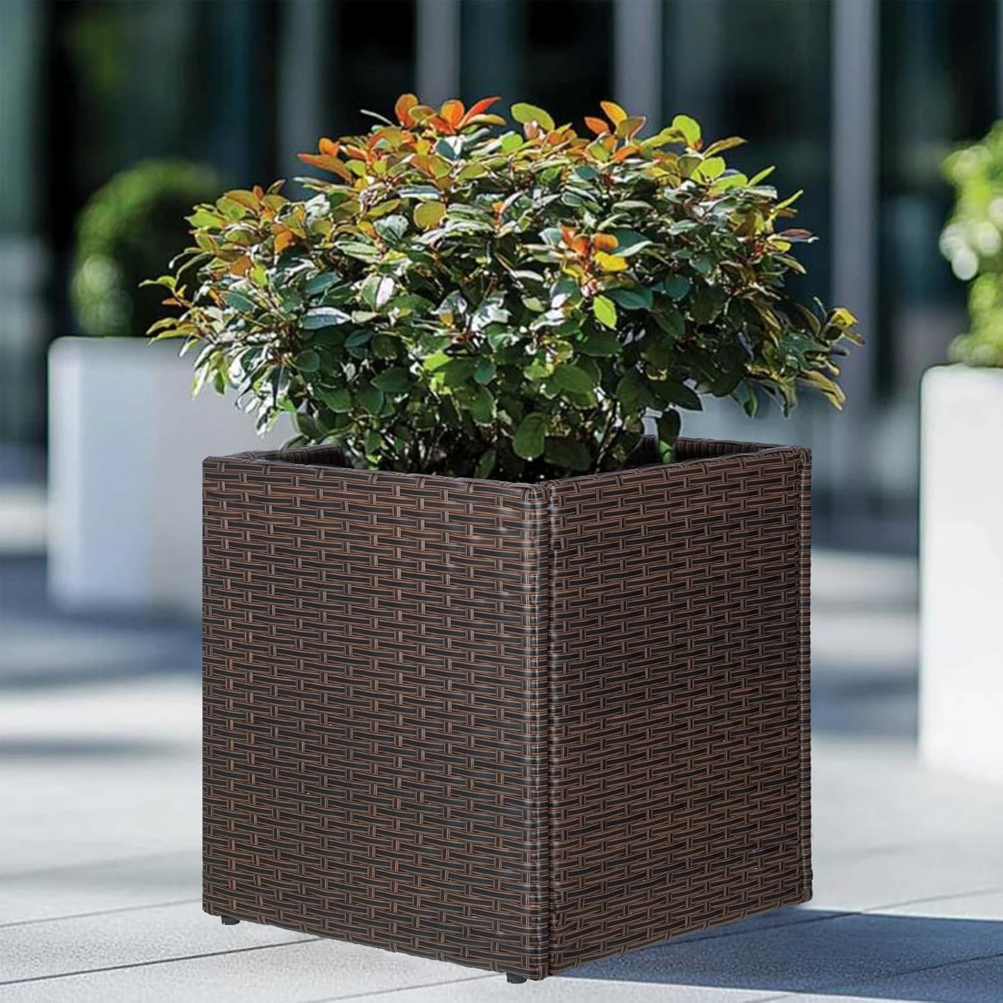 SUNNYPARK Set of 2 Large Square Planter with Removable Liner, All-Weather PE Rattan Modern Planters