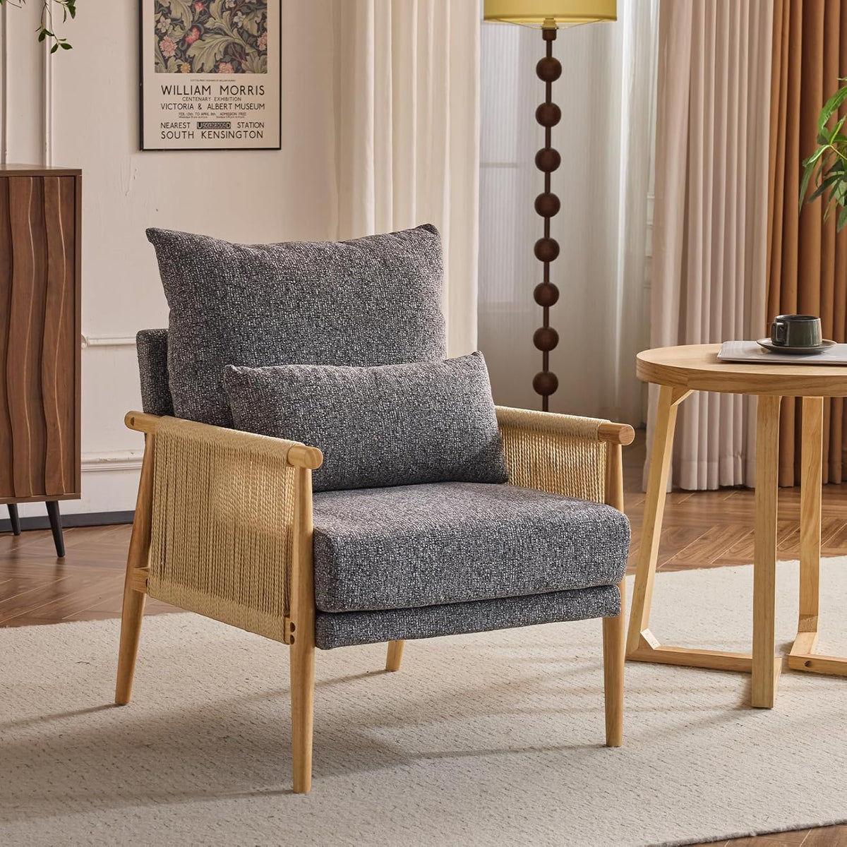 VINGLI Boho Braid Accent Armchair,Mid-Century Modern Chiar with Solid Wooden Armrest,Comfy Louge