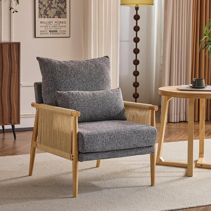 VINGLI Boho Braid Accent Armchair,Mid-Century Modern Chiar with Solid Wooden Armrest,Comfy Louge