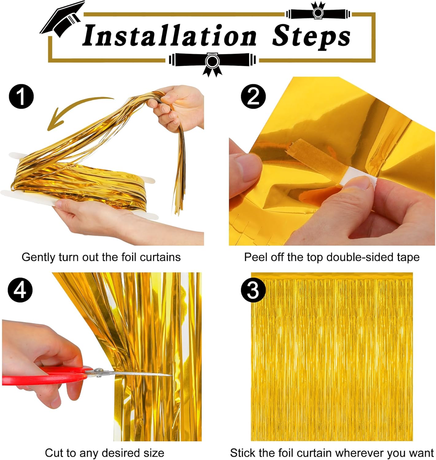 4 Pack 2025 Graduation Party Decorations, 3.28 x 7.05 Feet Gold Grad Curtains, Metallic Gold