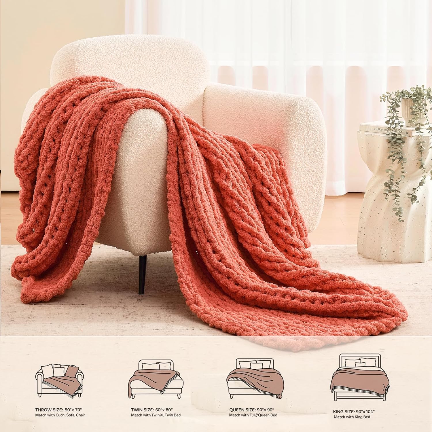 L'AGRATY Chunky Knit Blanket Throw: 60''x80'' Chenille Chunky Knitted Throw Blankets for Twin Bed