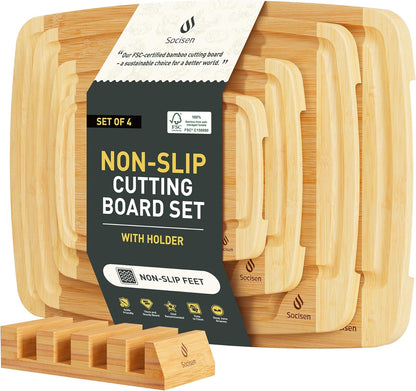 Bamboo Cutting Board Set Non Slip Feet with Holder Over Sink Men Birthday Christmas Valentines