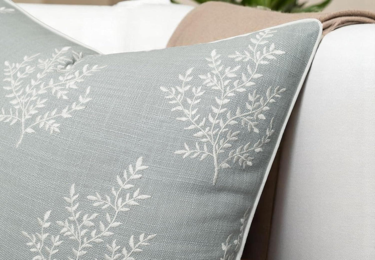 VAGMINE Embroidered Leaves Throw Pillow Cover - 20x20 Inches Square - 100% Cotton Robins Egg