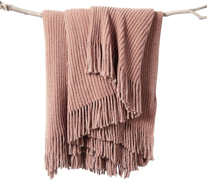 lifein Pink Throw Blanket for Couch, Soft Boho Decor Bed Throw,Cozy Chenille Knitted Small