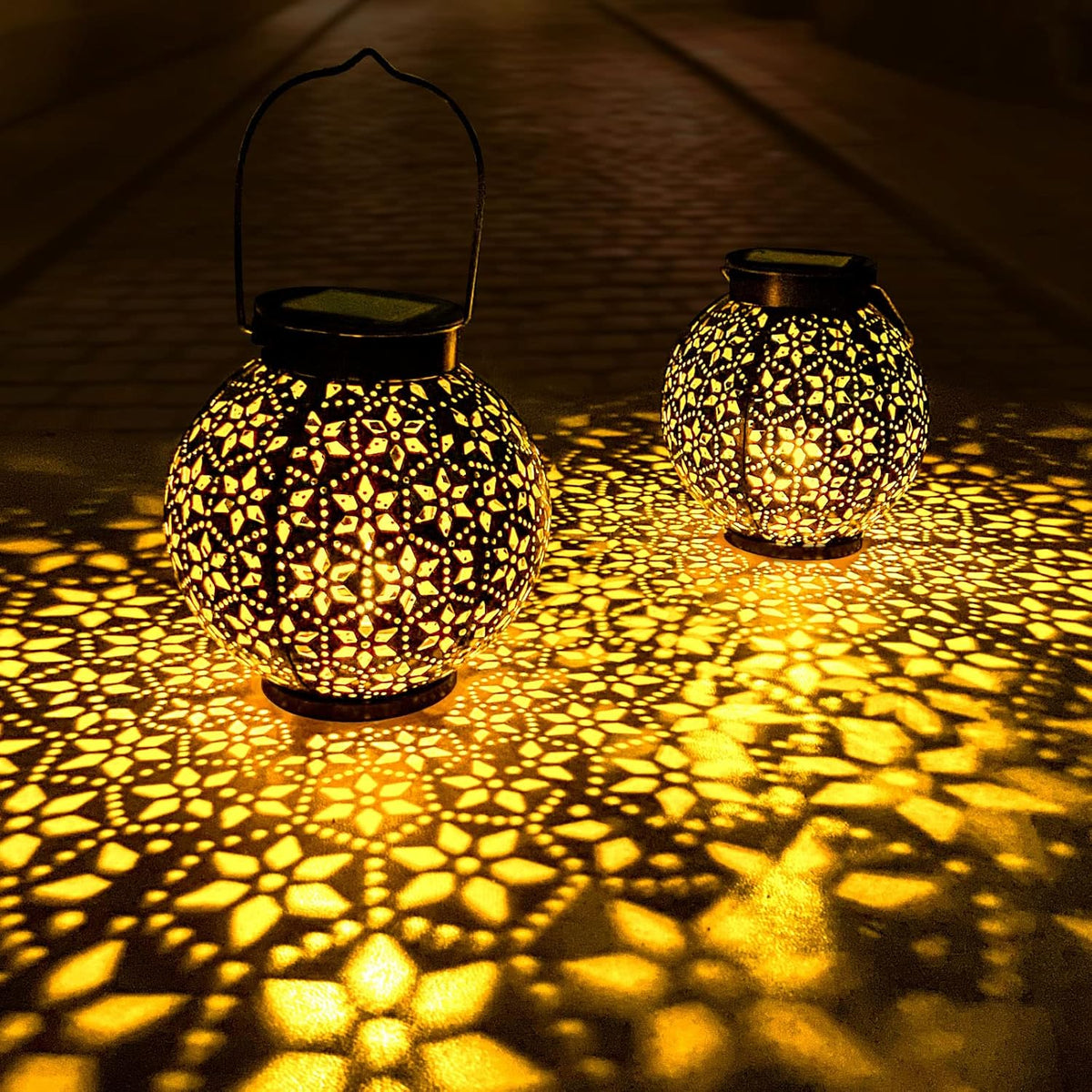 2 Pack Outdoor Solar Lantern Lights, Waterproof Tabletop LED Moroccan Lanterns, Hanging Metal
