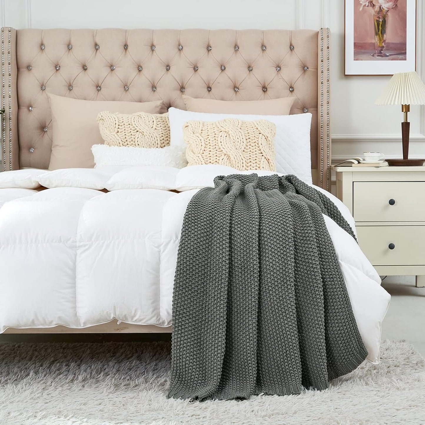 Longhui bedding Chunky Cable Knit Throw Blanket Lightweight Grey 100% Organic Cotton Blanket for