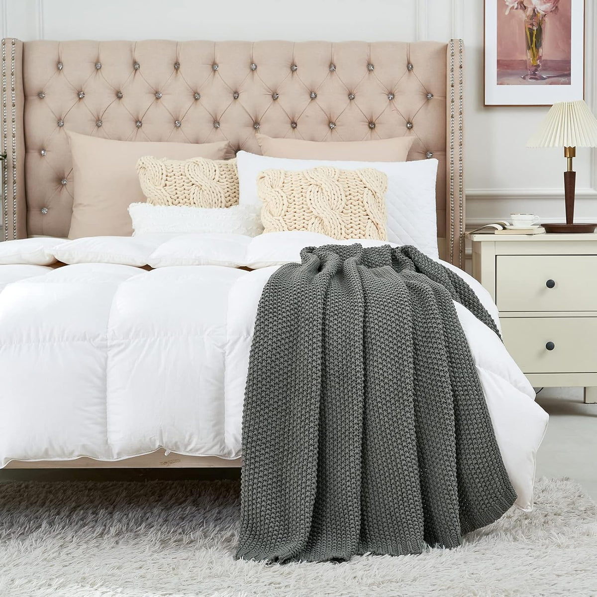 Longhui bedding Chunky Cable Knit Throw Blanket Lightweight Grey 100% Organic Cotton Blanket for