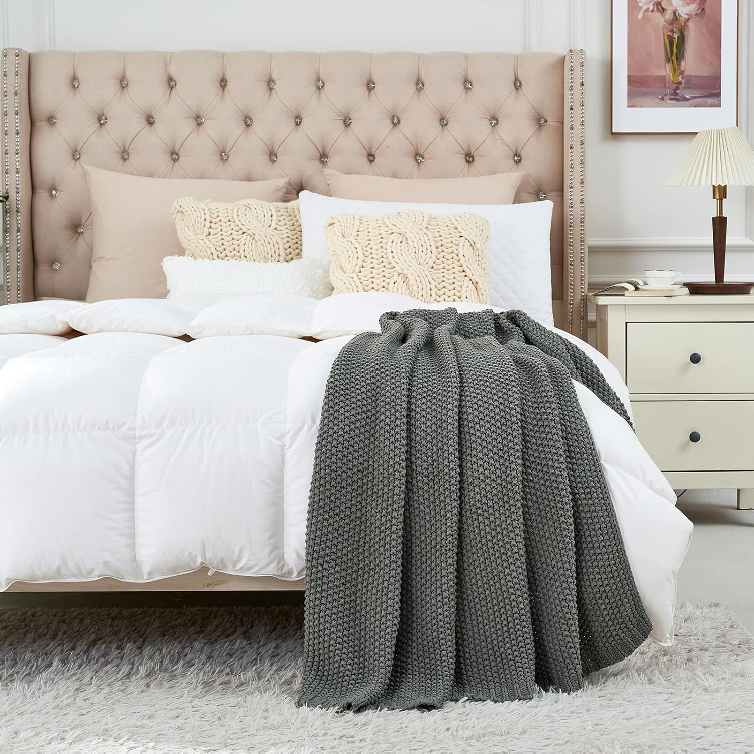 Longhui bedding Chunky Cable Knit Throw Blanket Lightweight Grey 100% Organic Cotton Blanket for