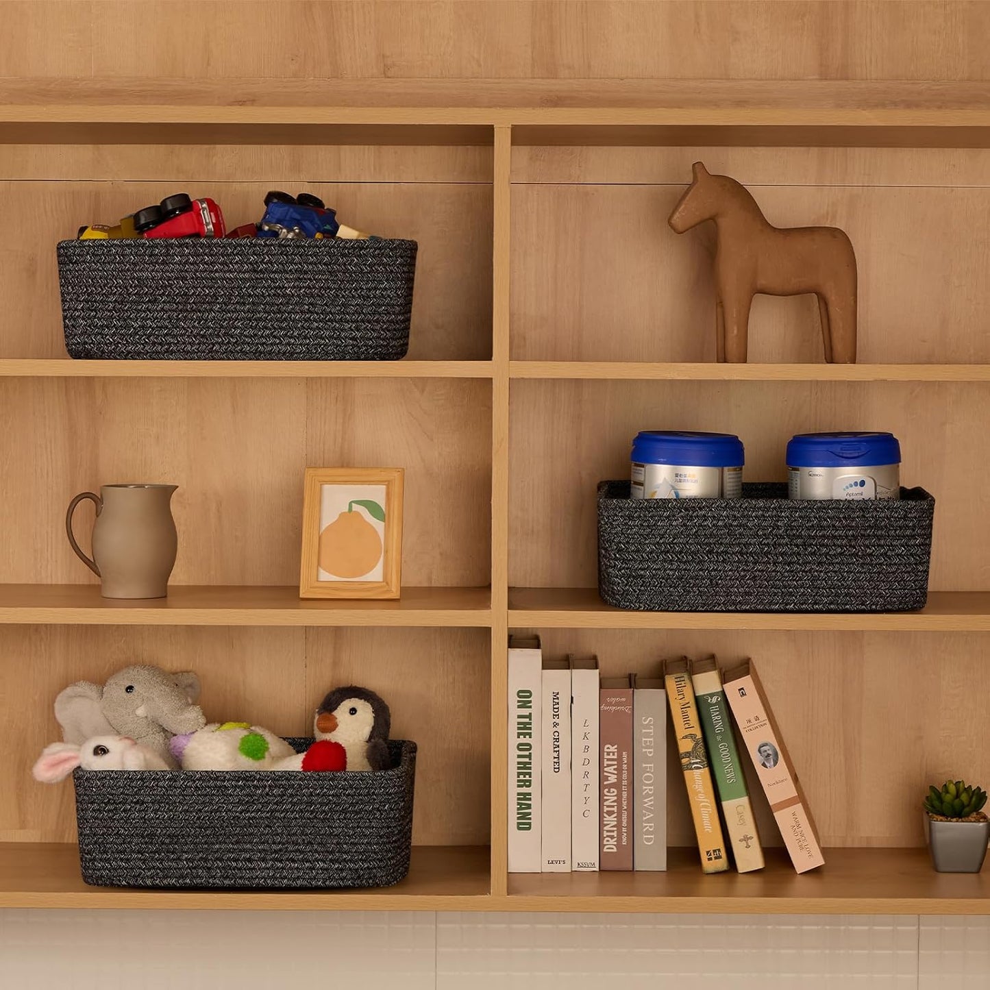 Large Shallow Organizing Baskets 15x11x5.1 Inches - Rope Woven Storage Bins for Bathroom, Shelves