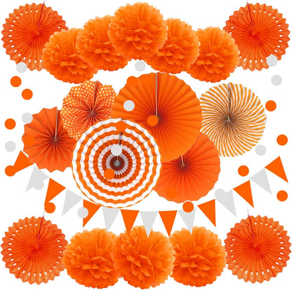 ZERODECO Party Decoration, 21 Pcs Orange Hanging Paper Fans Pom Poms Flowers, Garlands String Polka