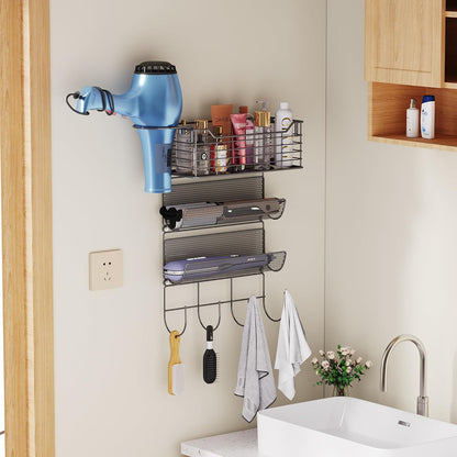 VITVITI Metal Hair Tool Organizer Wall Mount, Hair Dryer Holder with 3 Tier Shelf Basket Hooks