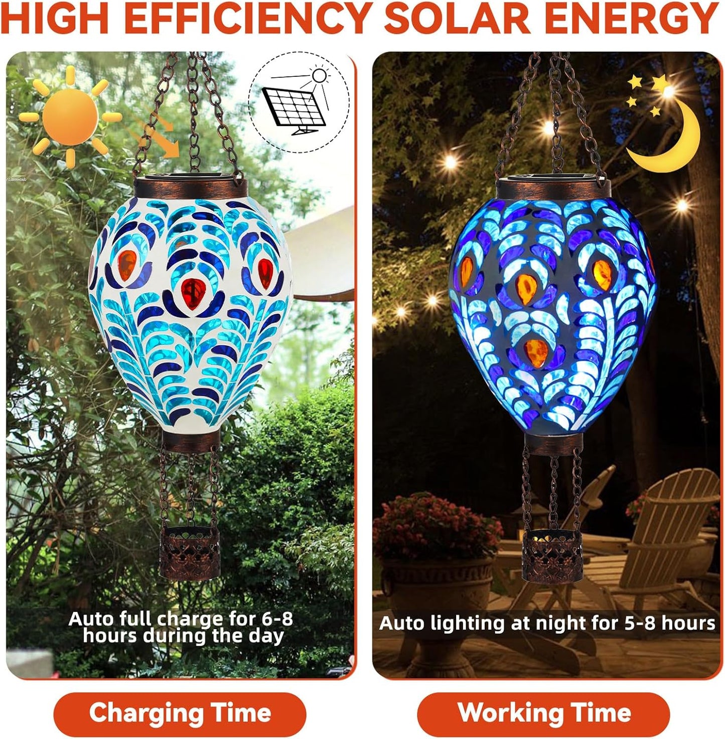 VOREEN Hot Air Balloon Solar Lantern, Mosaic Solar Outdoor Hanging Wind Light, Waterproof, Patio