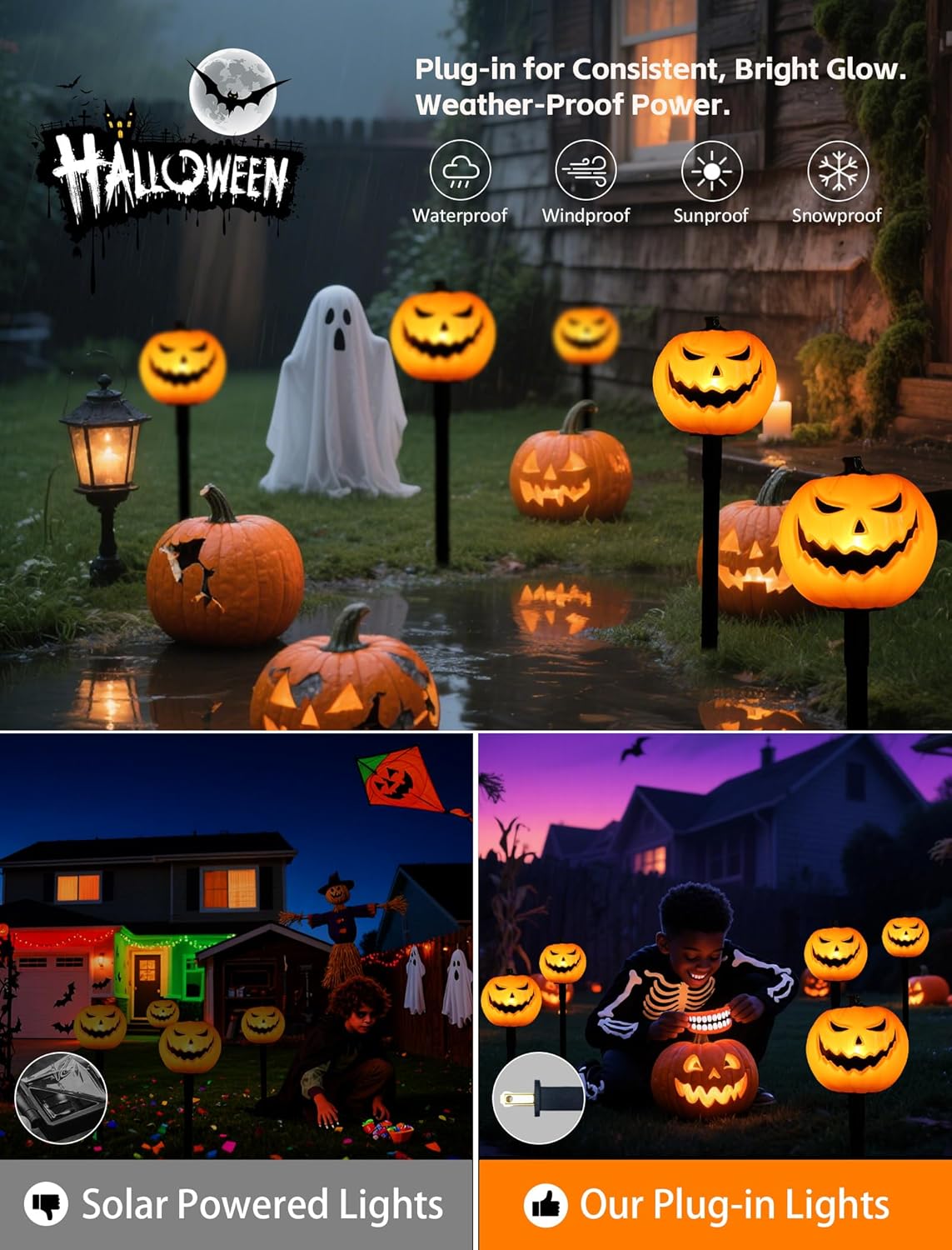Classic Halloween Charm: 5 Pack UL-Listed Pumpkin Pathway Lights,Warm & Steady Plug-in Jack o'