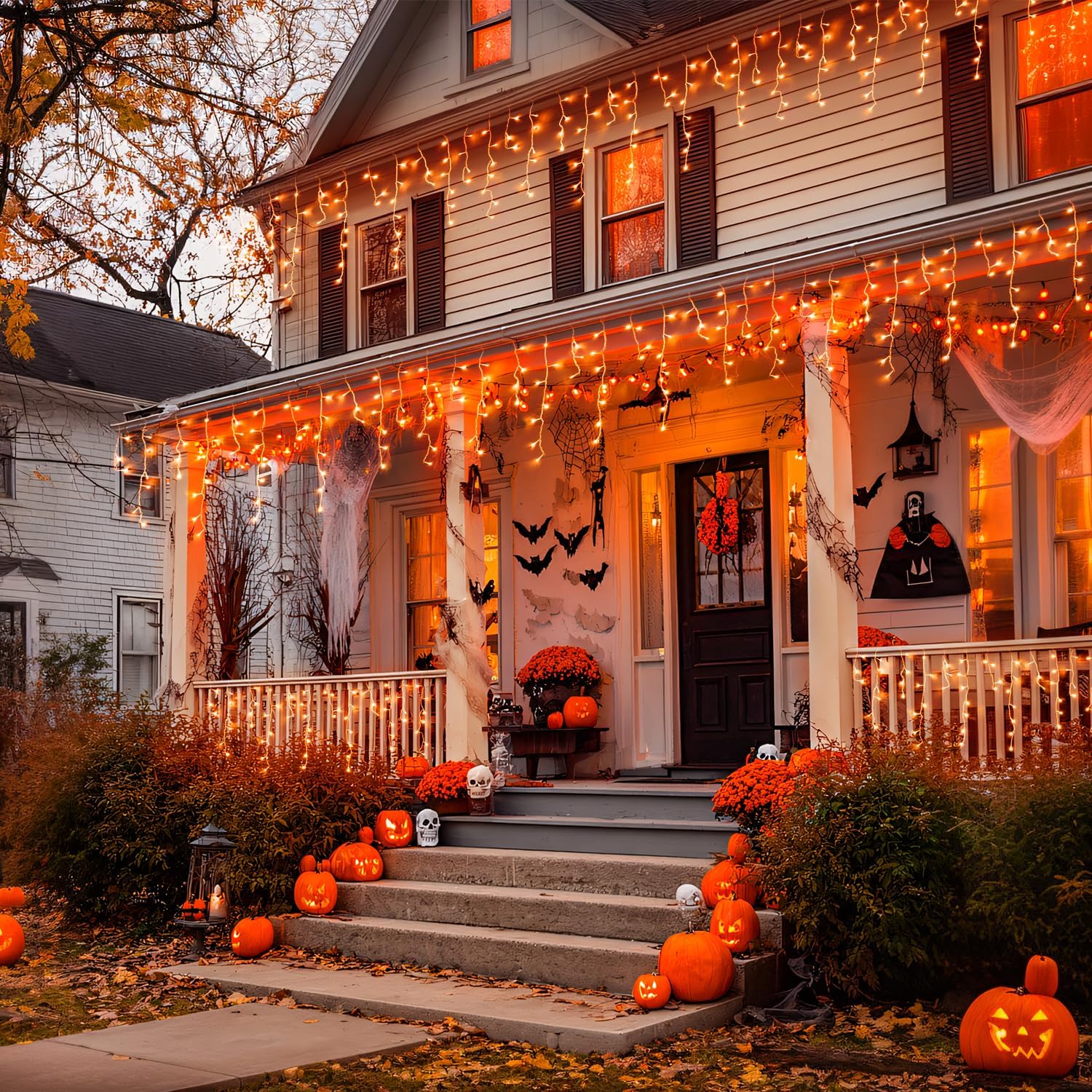 JMEXSUSS Orange Halloween Lights Outdoor, 38.8 FT 400 LED Orange Icicle Lights Outdoor Waterproof