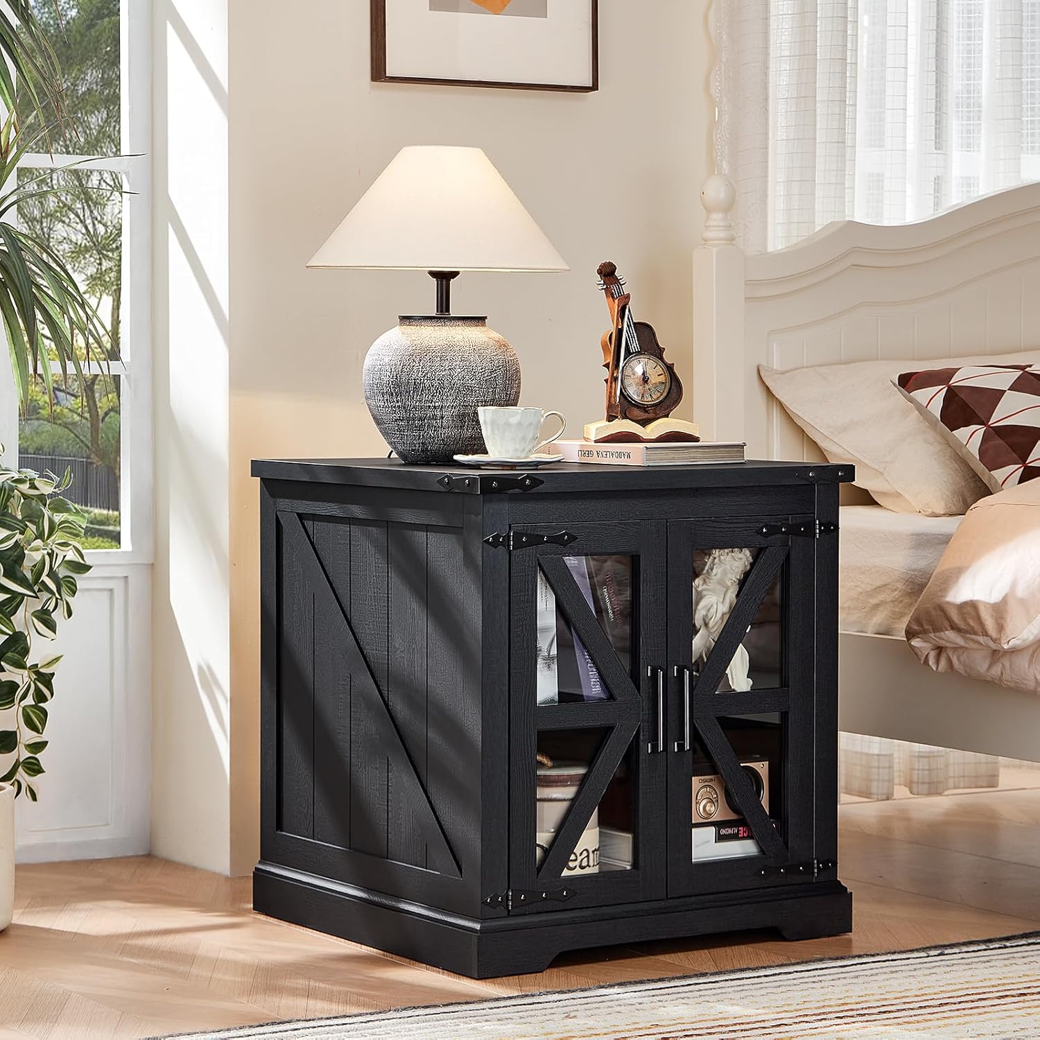 24" End Table Set of 2 with Charging Station, Farmhouse Night Stand with Glass Barn Door