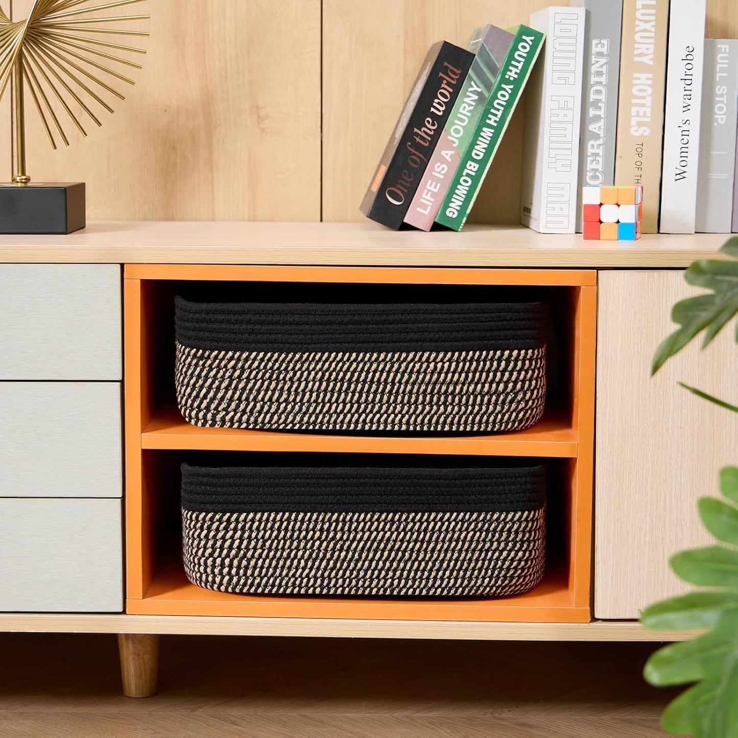 Large Shallow Organizing Baskets 15x11x5.1 Inches - Rope Woven Storage Bins for Bathroom, Shelves