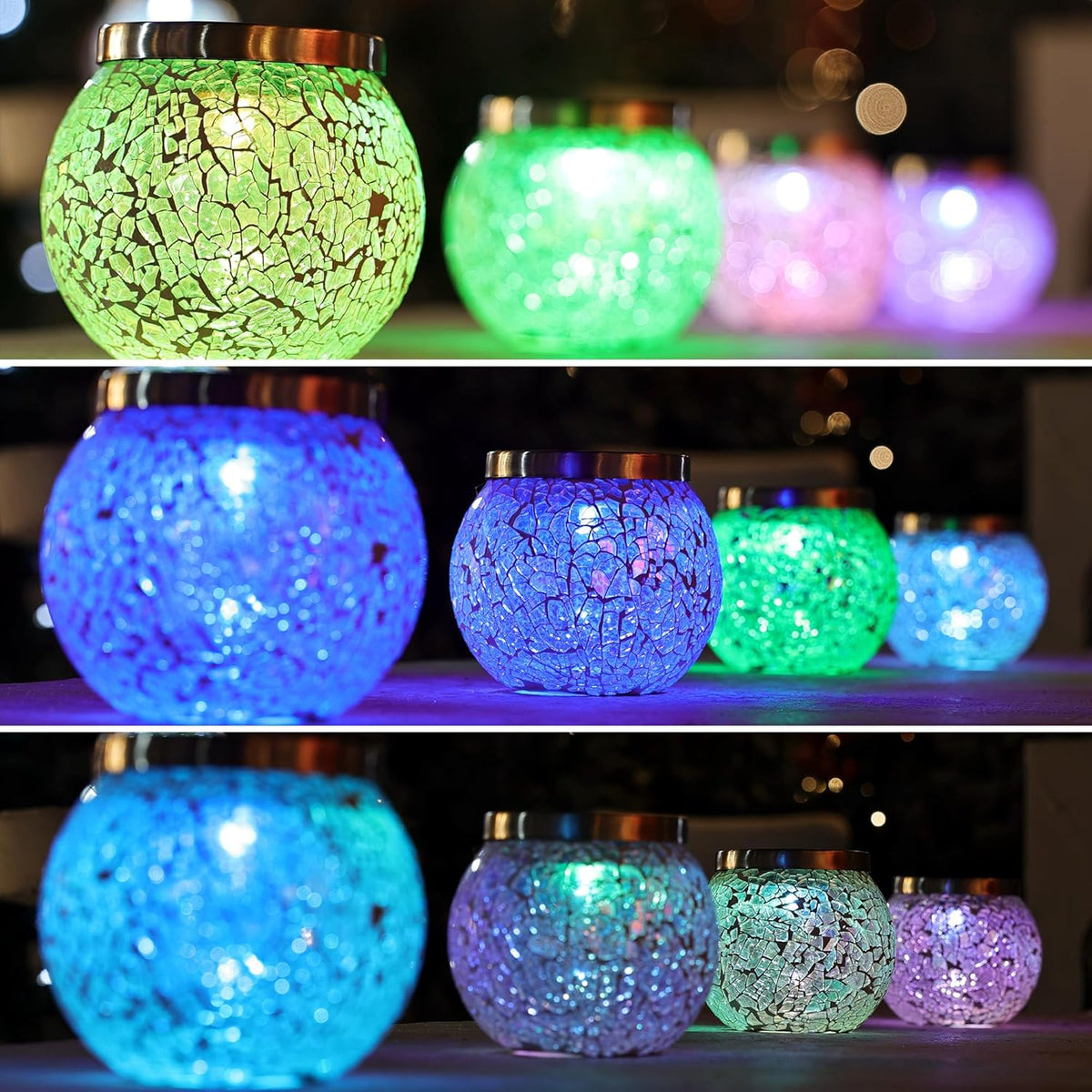 Cooo 2 Pack Heavy Solar Mosaic Crackle Glass Lights with Dual Solar Panels, Color-Changing RGB