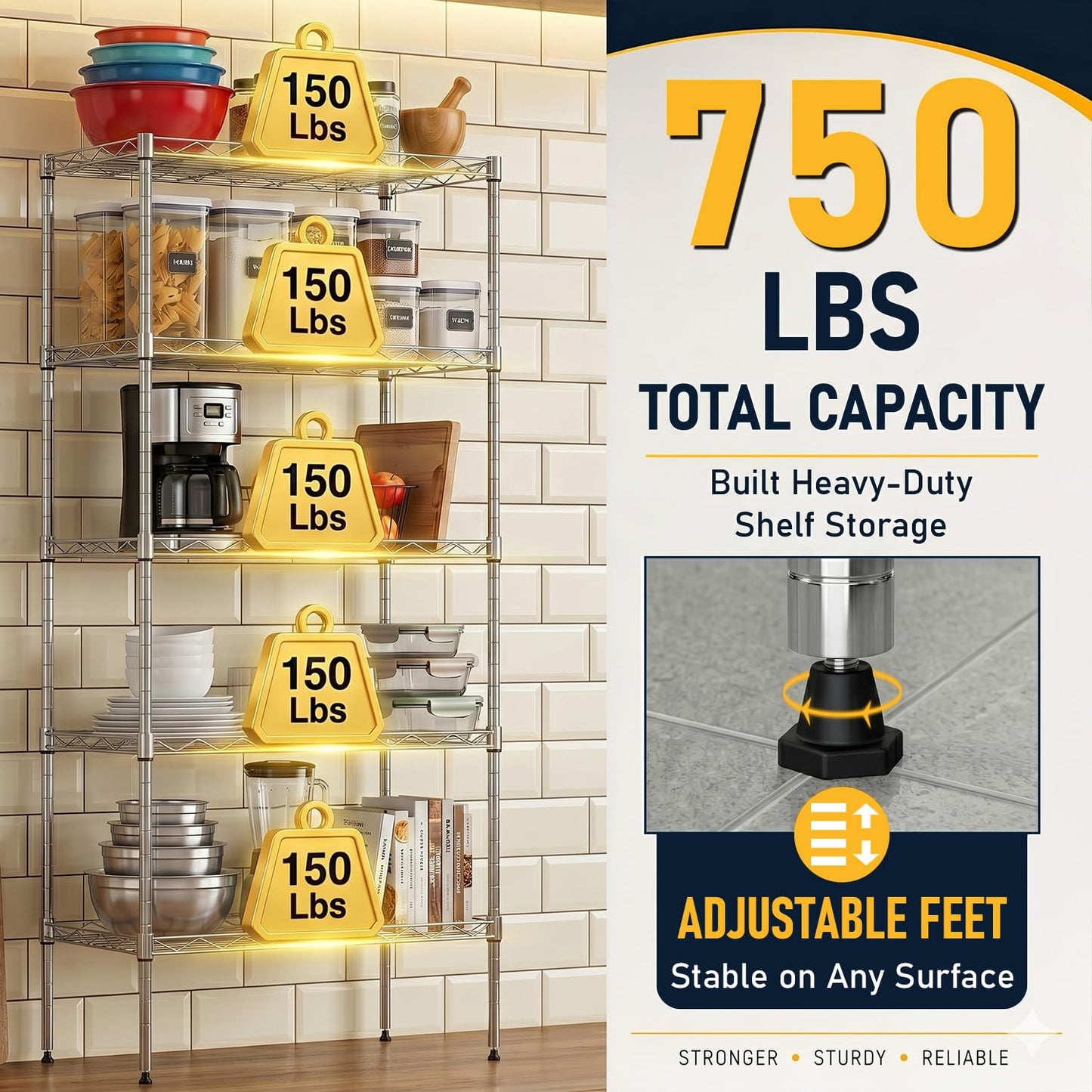 FDW 5 Tier 22L x 12W x 48H Pantry Shelves Adjustable Metal Shelves NSF Storage Rack Shelving Units