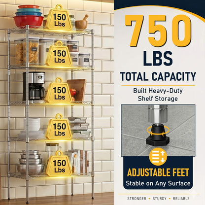 FDW 5 Tier 22L x 12W x 48H Pantry Shelves Adjustable Metal Shelves NSF Storage Rack Shelving Units