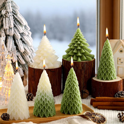 6 Pcs Christmas Tree Shaped Candles Xmas Wax Scented Candles White Green Decorative Christmas Tree