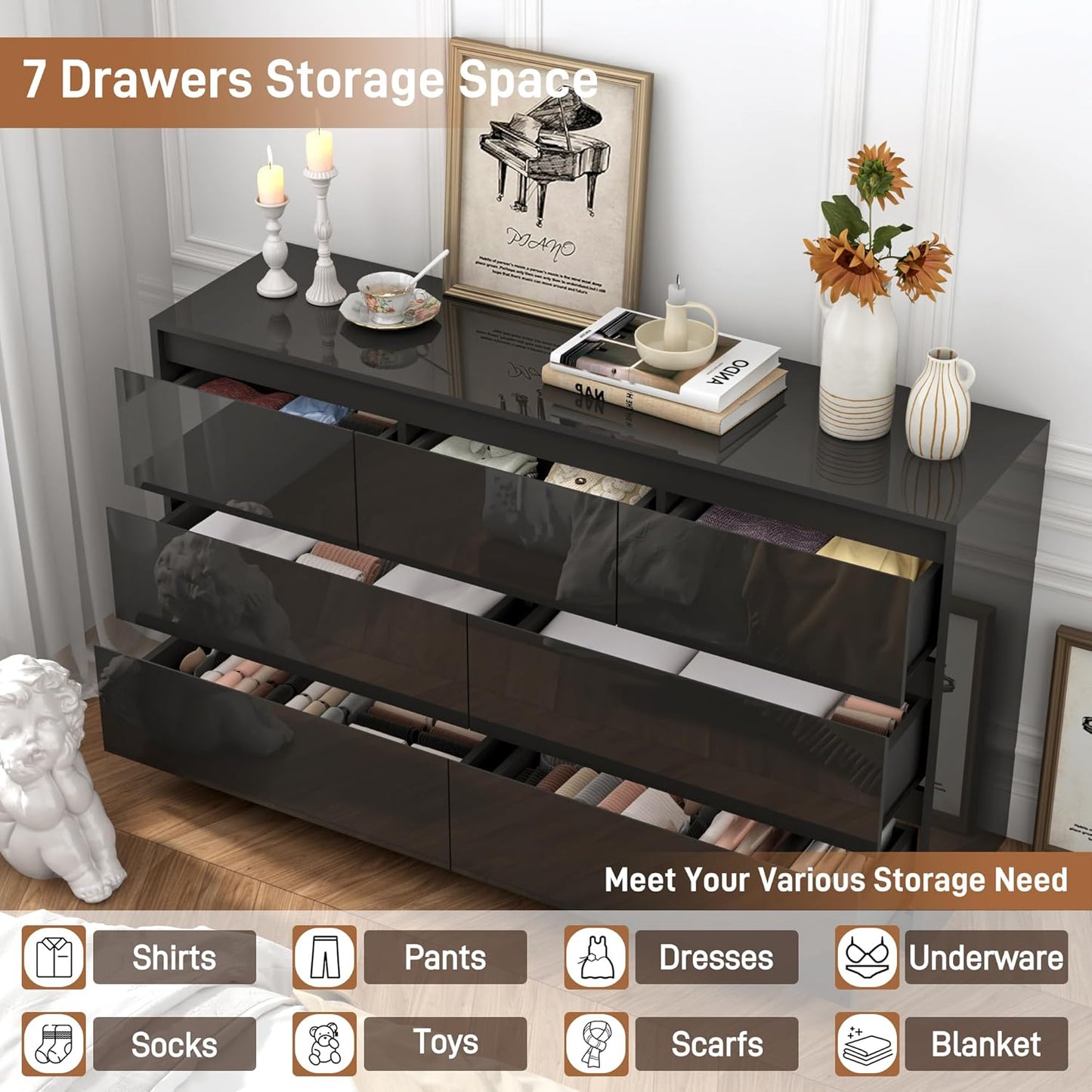 Black Malm Dresser for Bedroom, 55 Inch Long High Gloss Dresser with 7 Drawers, Modern Large Wood