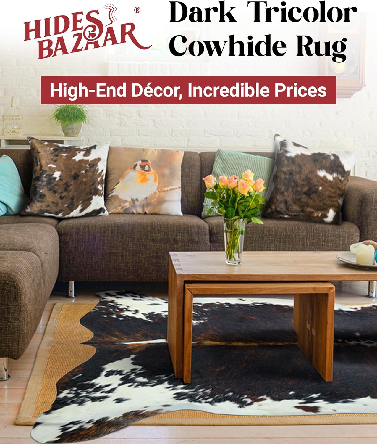 Natural Cowhide Rug for Home & Office Premium Dark Tricolor Cowhide Rug with Unique Dark Brown