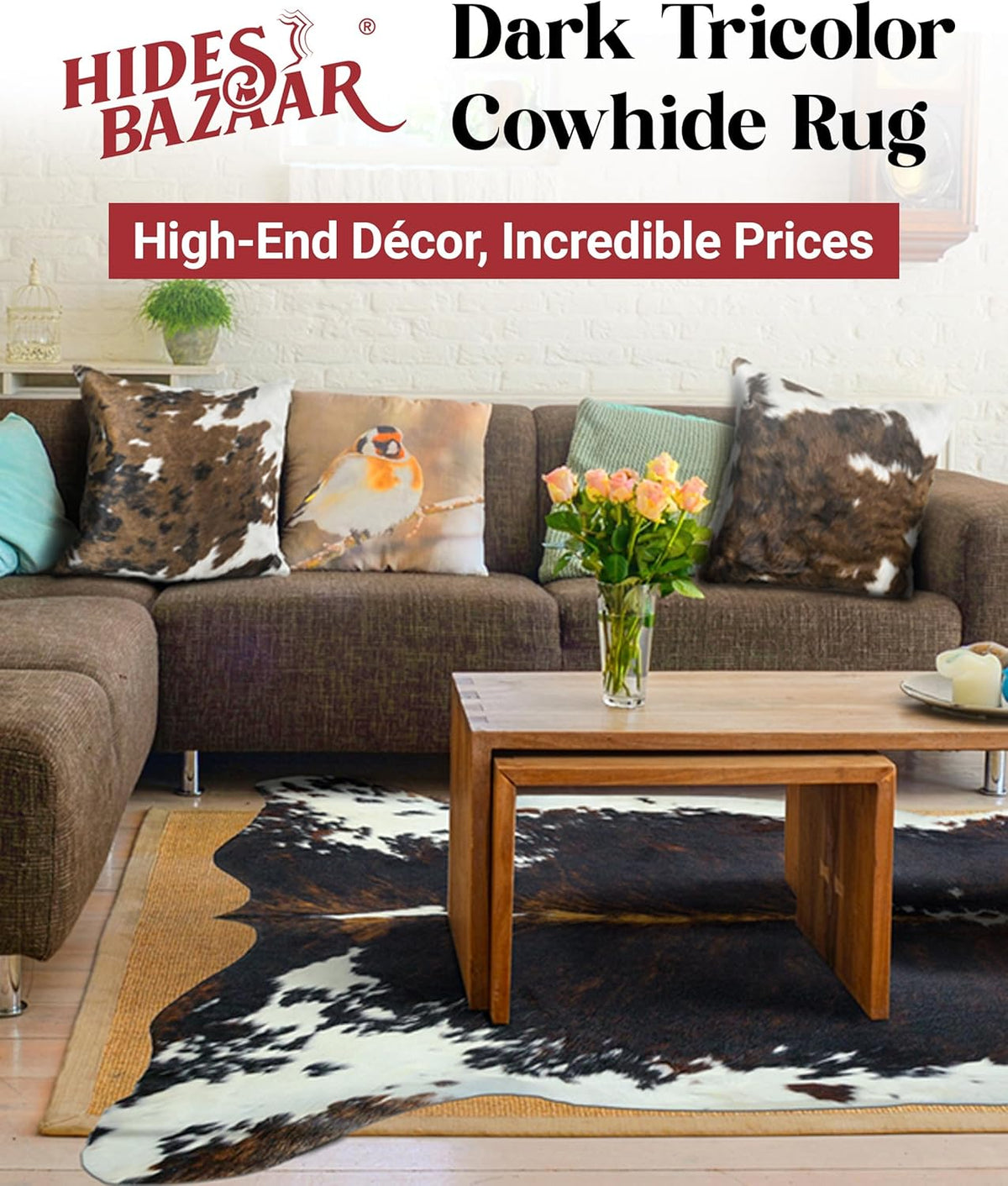 Natural Cowhide Rug for Home & Office Premium Dark Tricolor Cowhide Rug with Unique Dark Brown