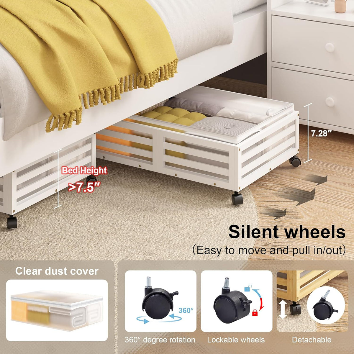 Under Bed Storage Containers With Wheels - 2 Pcs Bamboo Wood Rolling Underbed Shoe Storage Bins