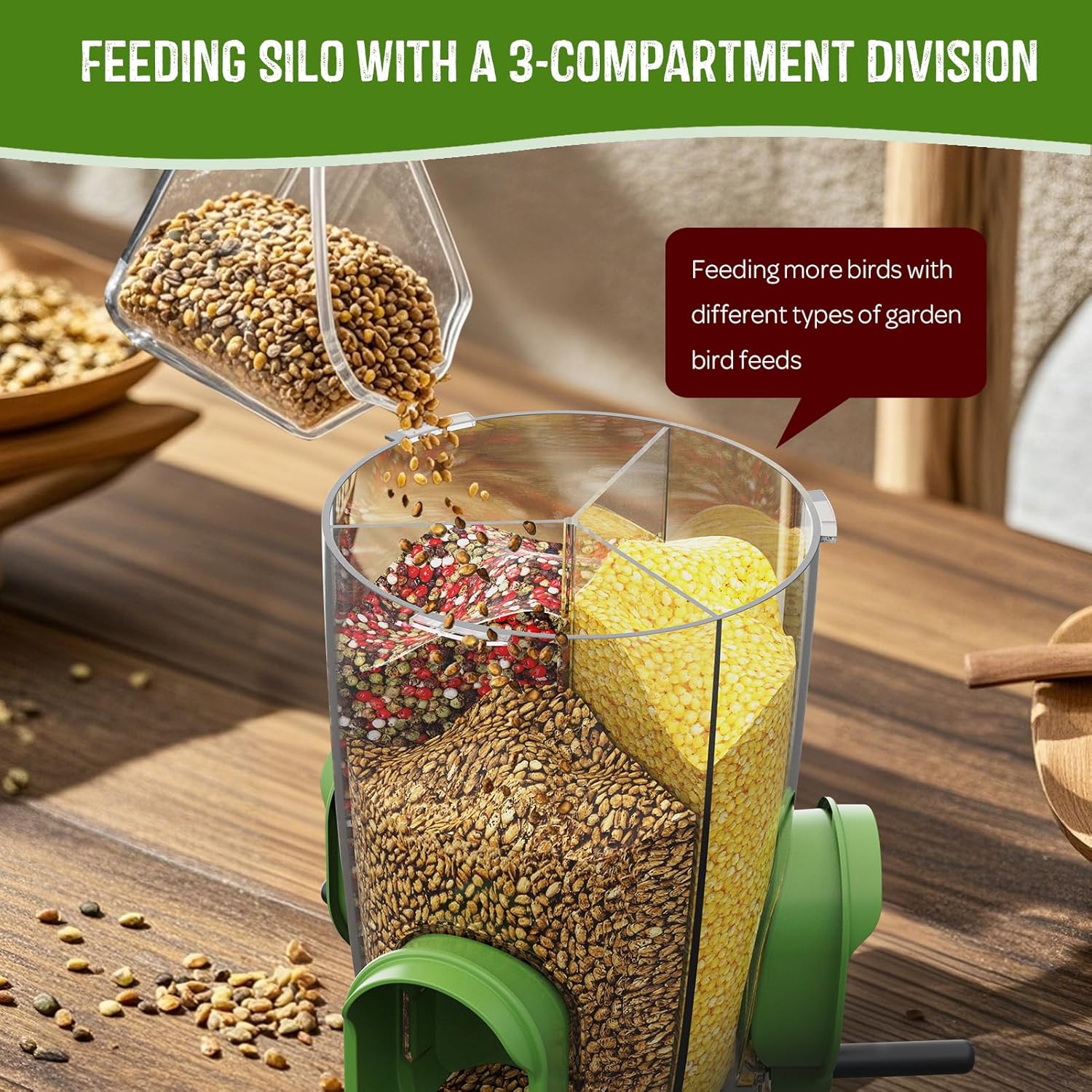 LONA Bird Feeders for Outdoors Hanging – 3 Separate Compartments, 3 Feeding Ports, Weatherproof