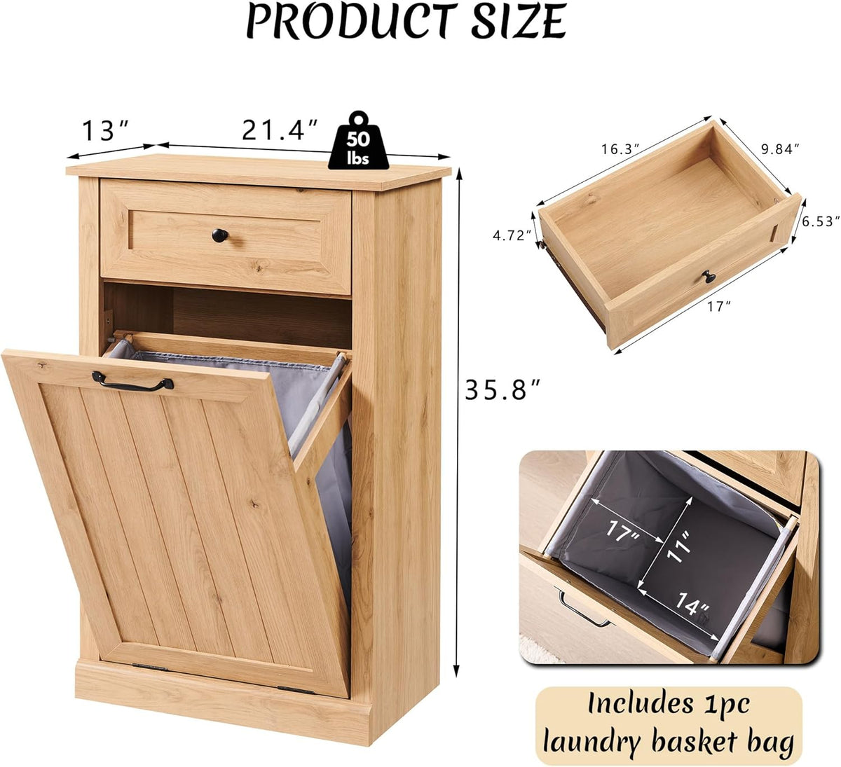 Tilt Out Laundry Hamper Cabinet, 10 Gallon Farmhouse Trash Can Cabinet with Drawer, Hidden Wood