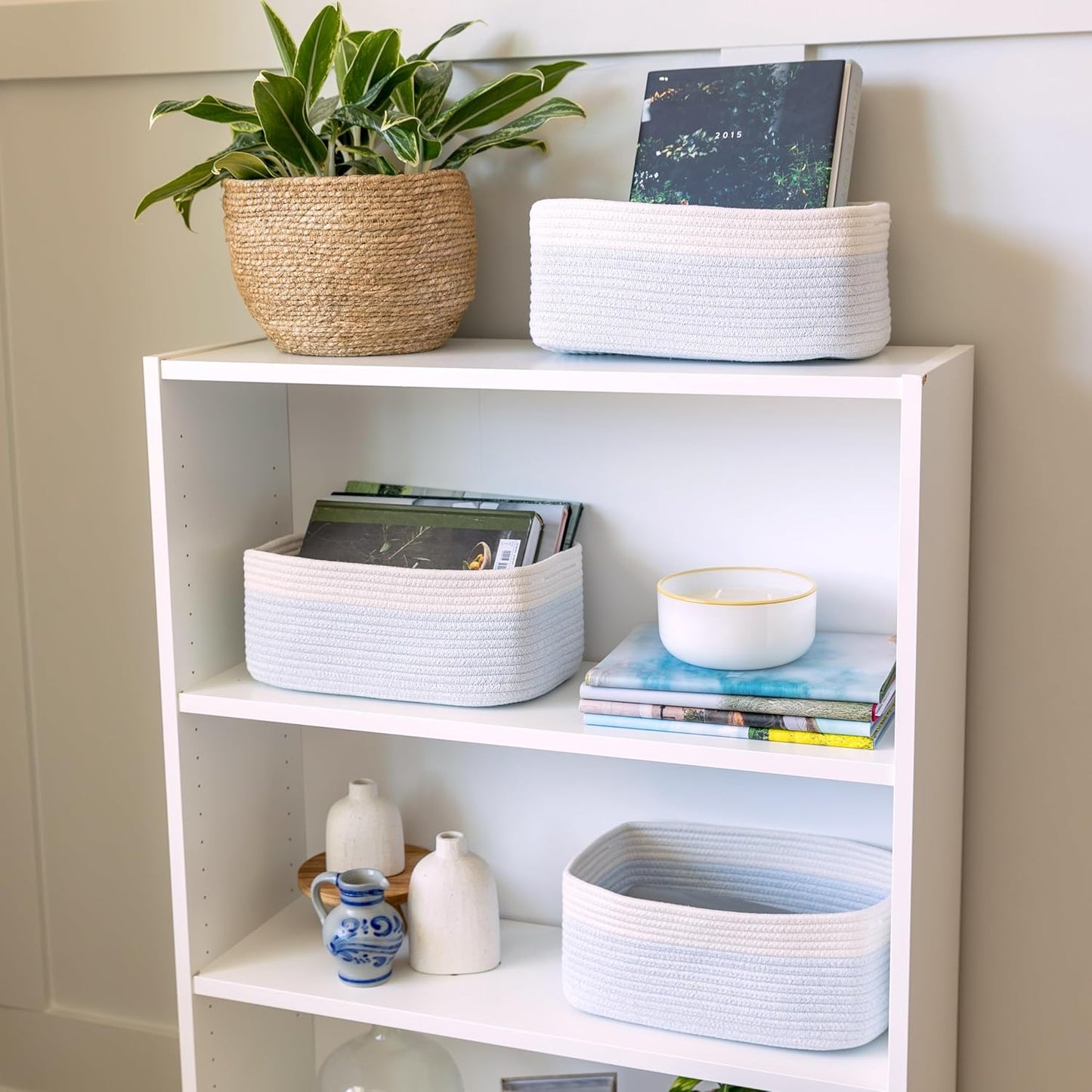 NaturalCozy 13.5”x8.5”x5.5” Rectangle Storage Baskets for Shelves 3 Pack | Cotton Rope Woven Small