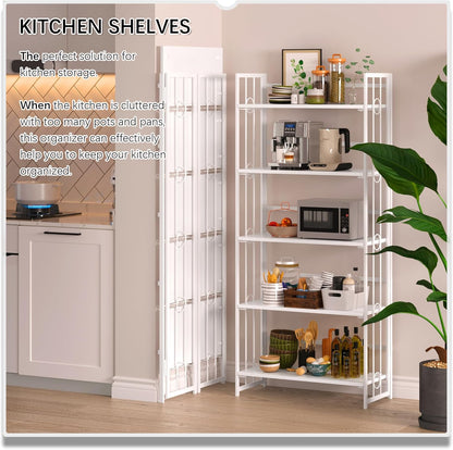 4NM No Assembly 5 Tiers Folding Bookshelf, 59.4" H Foldable Storage Shelves Vintage Bookcase