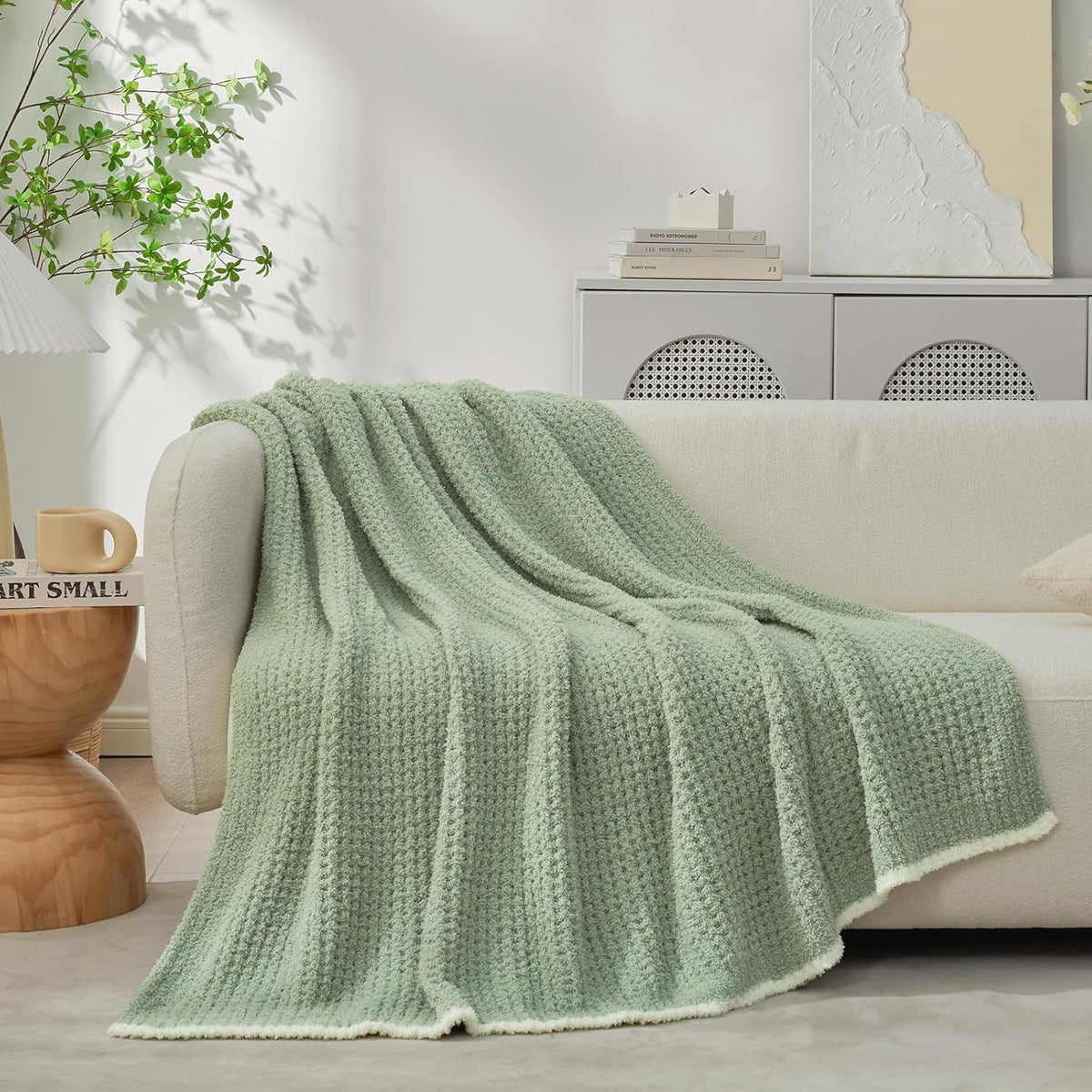 Snuggle Sac Sage Green Waffle Throw Blanket for Couch Bed Sofa 60x80 inches, Reversible Sage Green