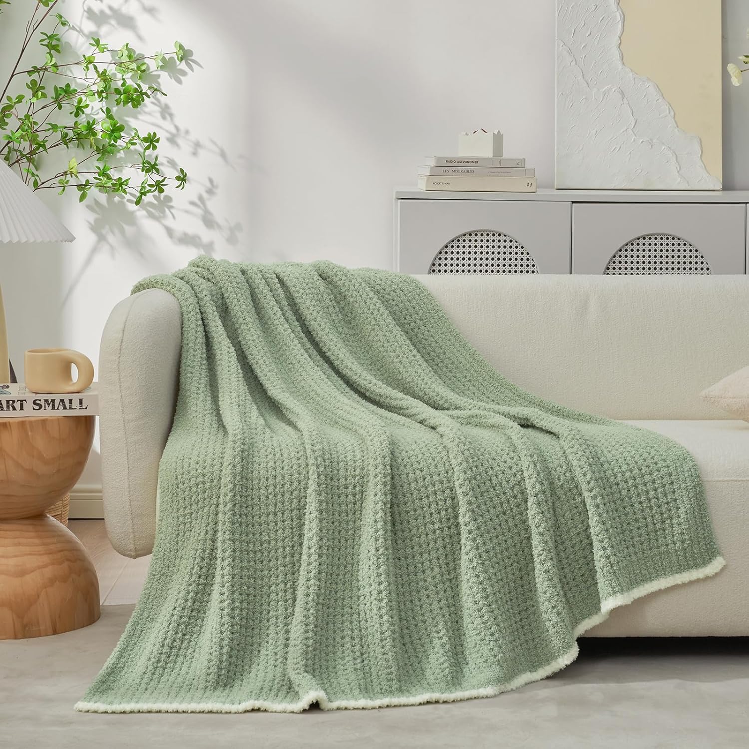 Snuggle Sac Sage Green Waffle Throw Blanket for Couch Bed Sofa 60x80 inches, Reversible Sage Green