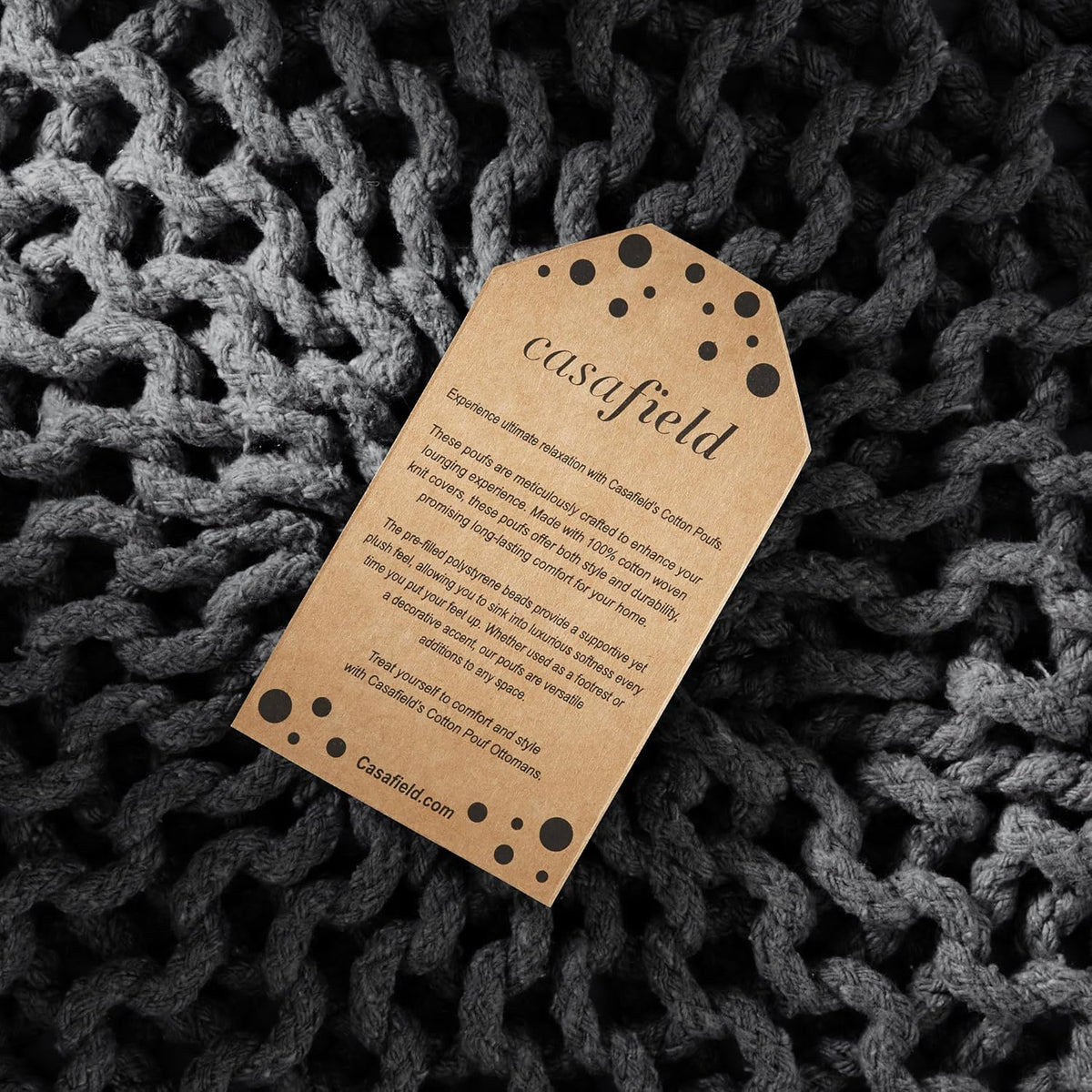 Casafield Round Pouf Ottoman, Black - 20" Diameter x 14.5" High Cotton Knit Foot Stool - Boho Floor