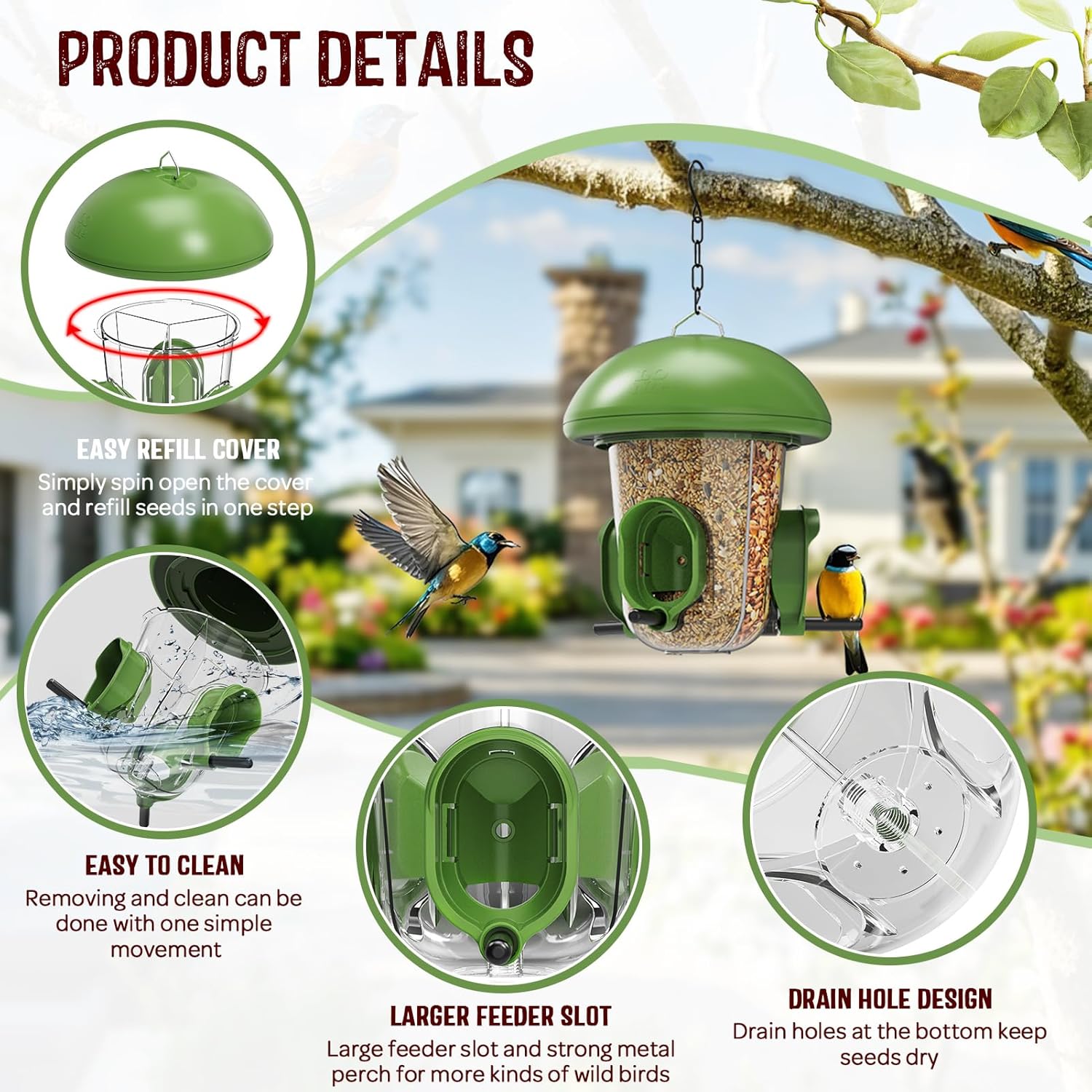 LONA Bird Feeders for Outdoors Hanging – 3 Separate Compartments, 3 Feeding Ports, Weatherproof