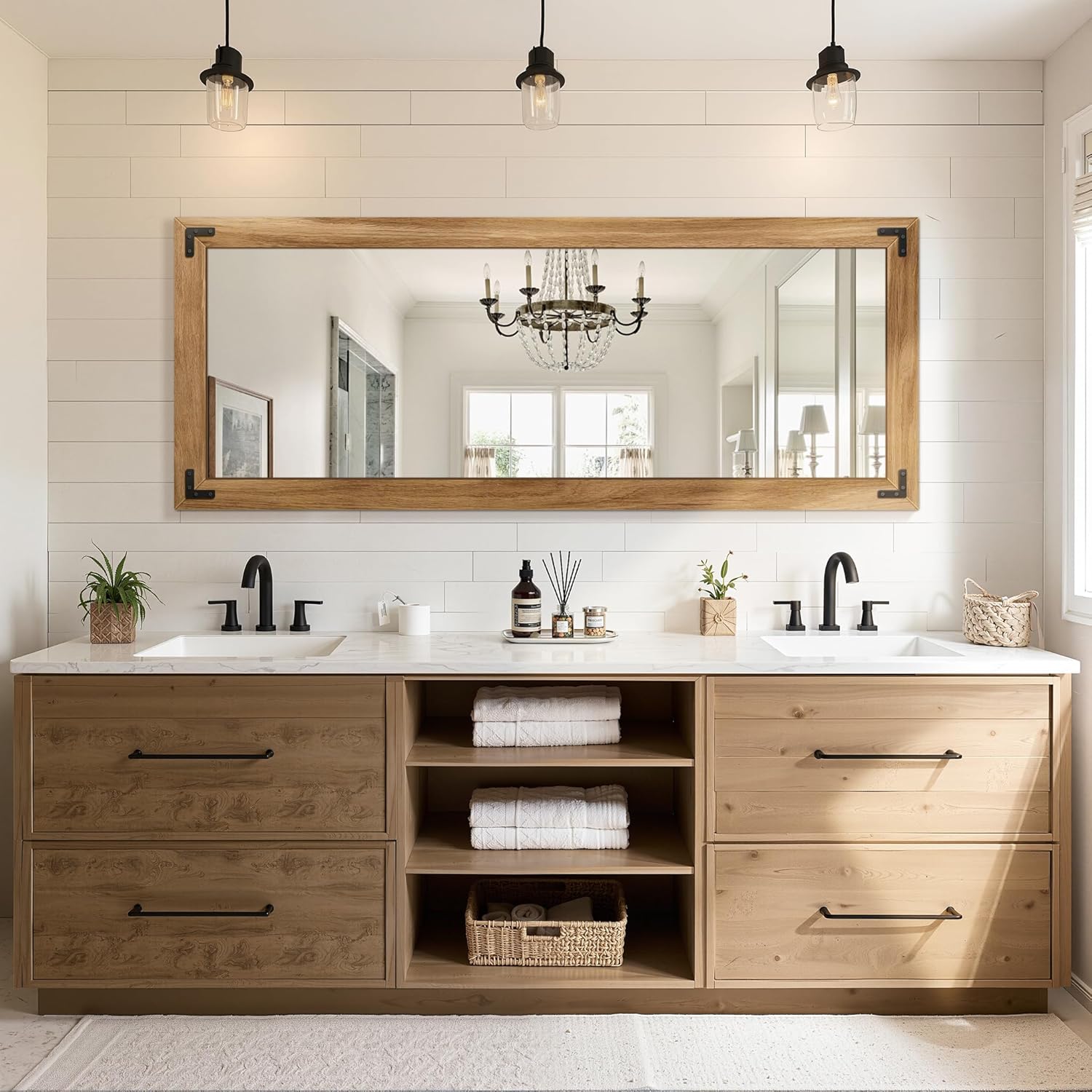 Full Length Mirror with Wooden Frame, 56"X22" Solid Wood Standing Floor Mirror for Farmhouse